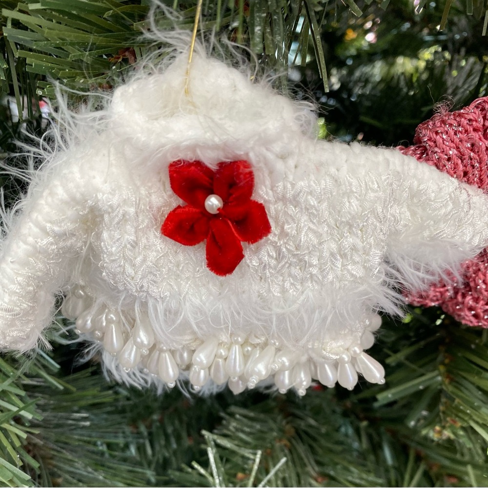 Hand-knit Christmas Ornament Sweater with Poinsettia & Faux Pearls.